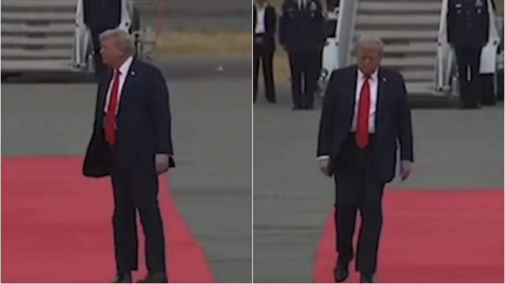 Watch Video: Trump struggles to walk straight as he treads the red carpet to meet Putin